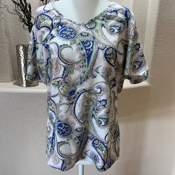 Lot Of 3 Talbots Tee Petite XL Blue Paisley Pink Paisley Yellow Scallop Neck SS - Picture 3 of 13